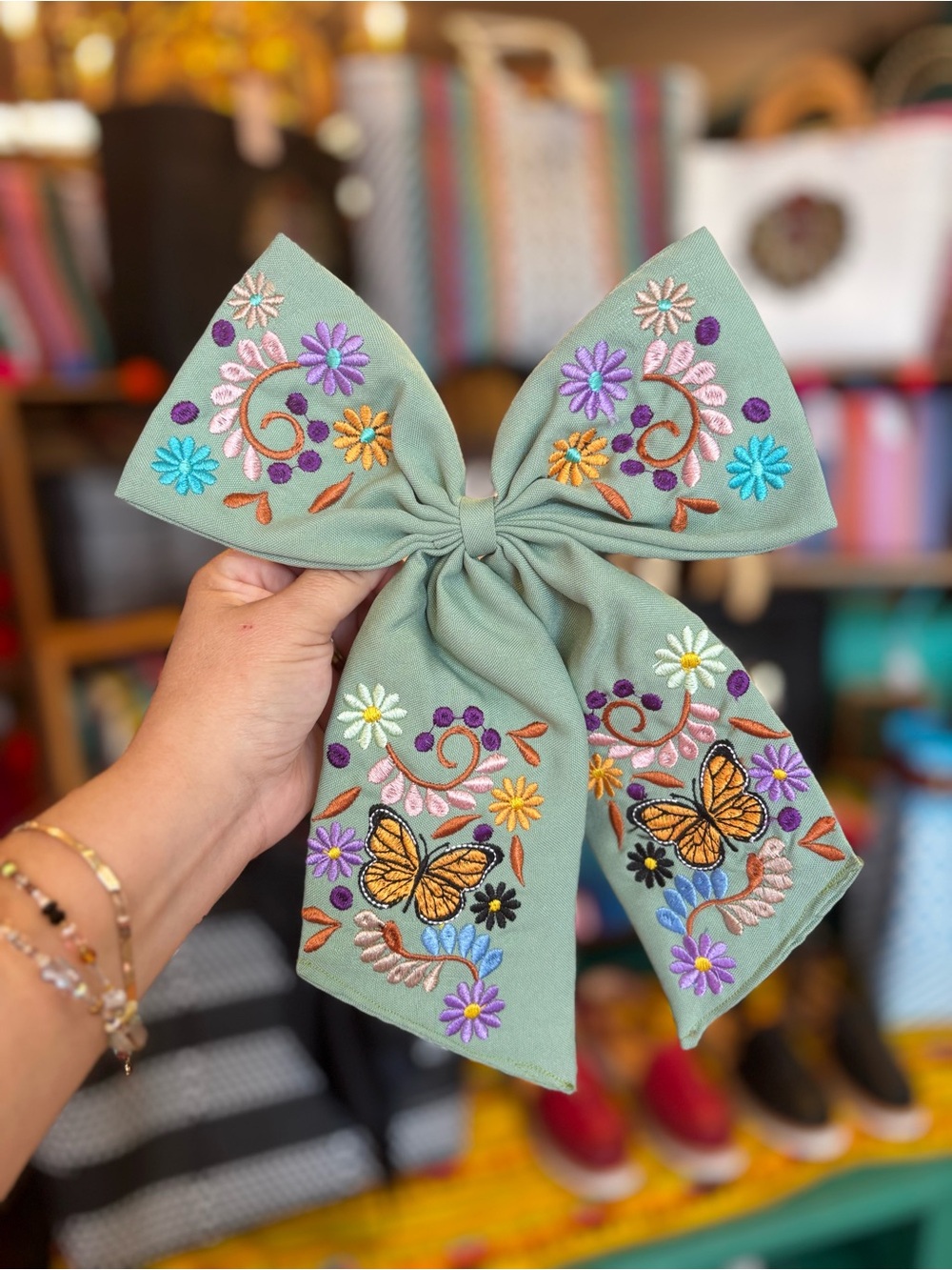 Hand Crafted Sage Green Embroidered Butterfly Bow Hair Accessory